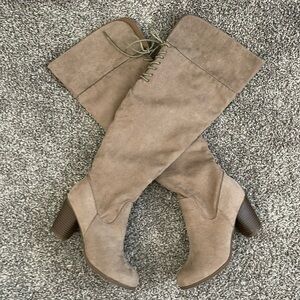 Knee high camel block heel boots